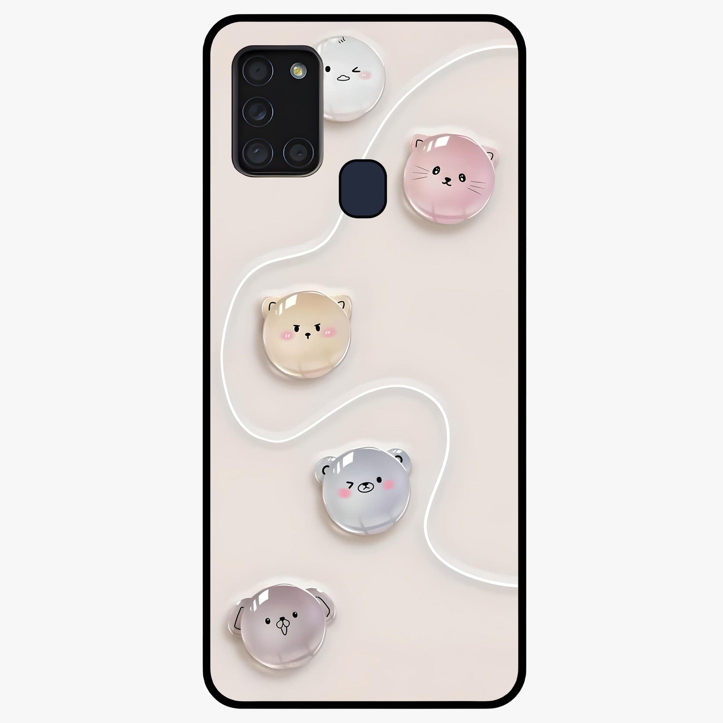 Puffy Face Parade Glass Case showing flat back view with cute puffy character faces artwork and glossy glass finish.