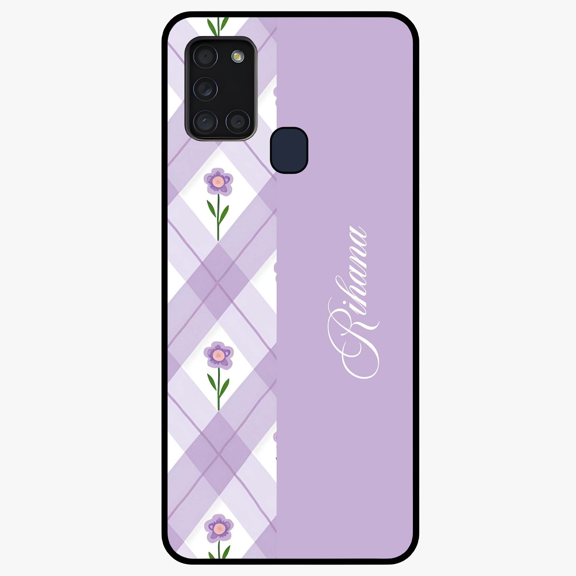 Purple Diamond Floral Glass Case showing flat back view with diamond shaped floral artwork and glossy glass finish.