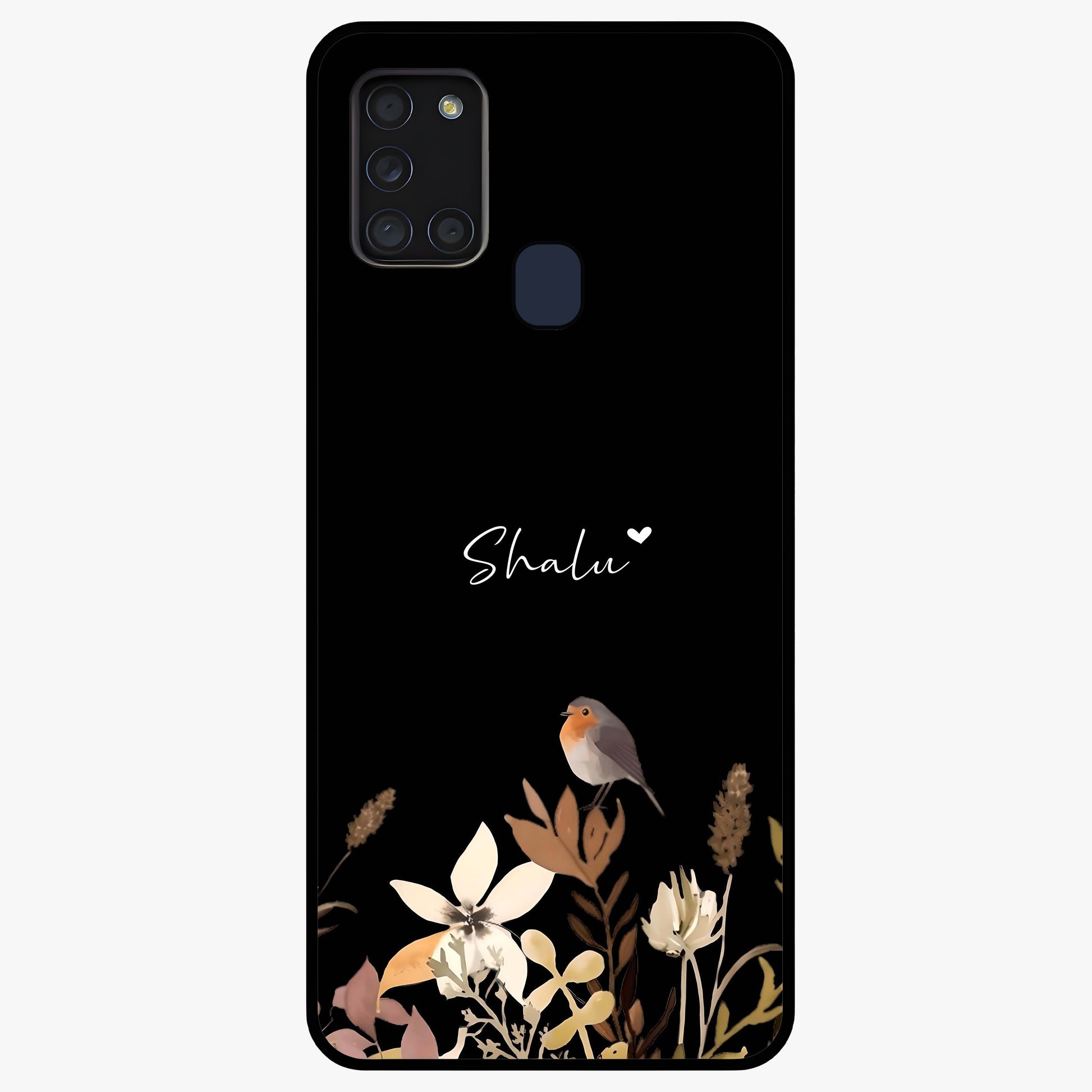 Quiet Garden Tune Custom Name Glass Case showing flat back view with peaceful garden artwork and personalized name design.