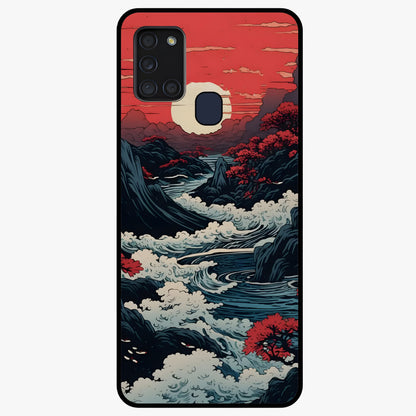 Red Sunset Scenery Glass Case showing flat back view with vibrant sunset landscape artwork and glossy glass finish.