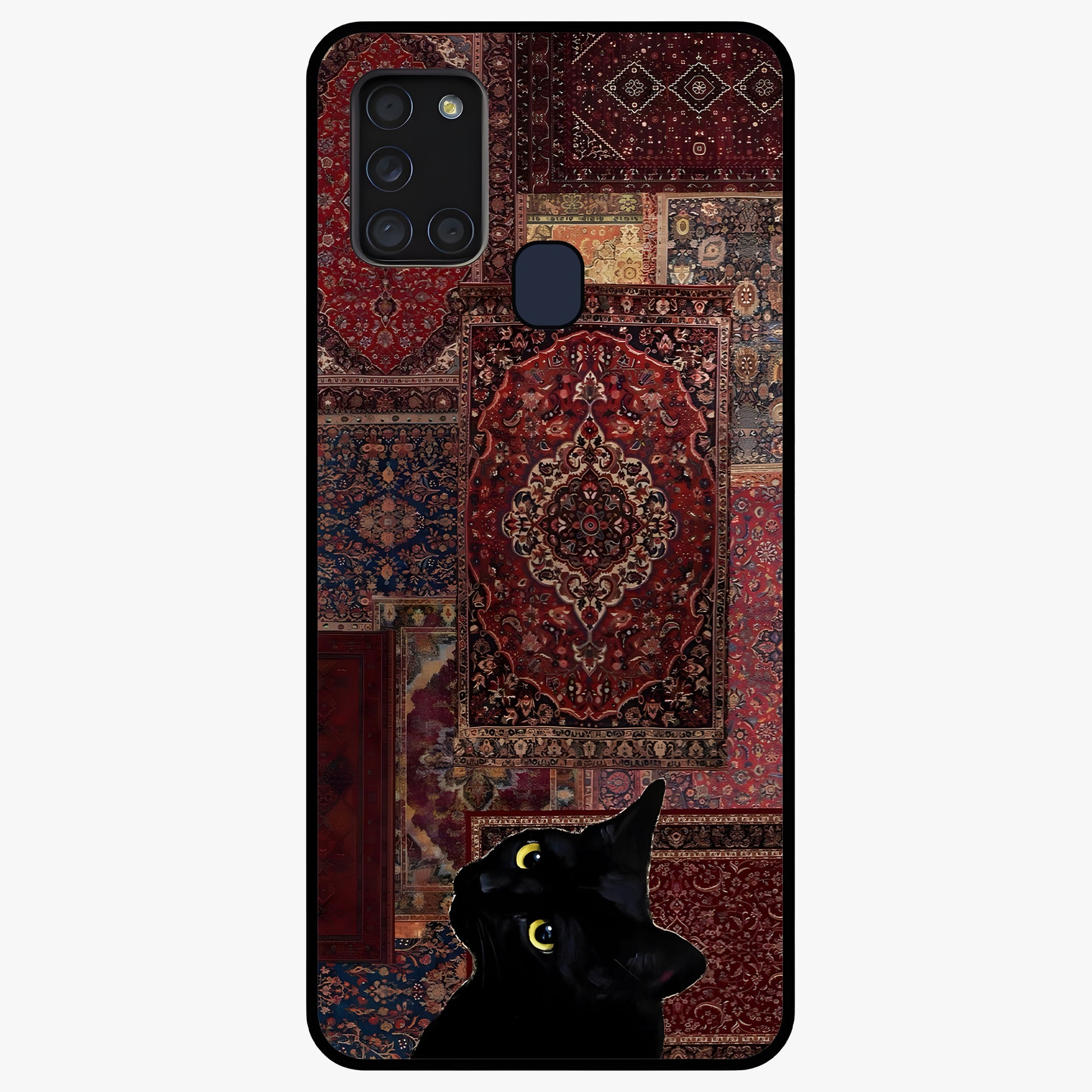 Regal Magic Cat Apple Glass Case showing flat back view with magical cat artwork holding apple and glossy glass finish.