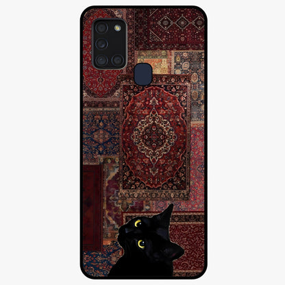 Regal Magic Cat Apple Glass Case showing flat back view with magical cat artwork holding apple and glossy glass finish.