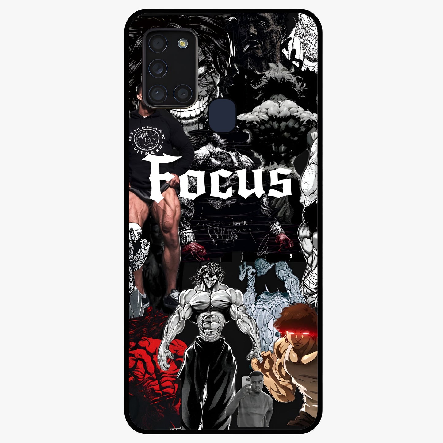 Relentless Power Focus Glass Case showing flat back view with motivational typography artwork and glossy glass finish.