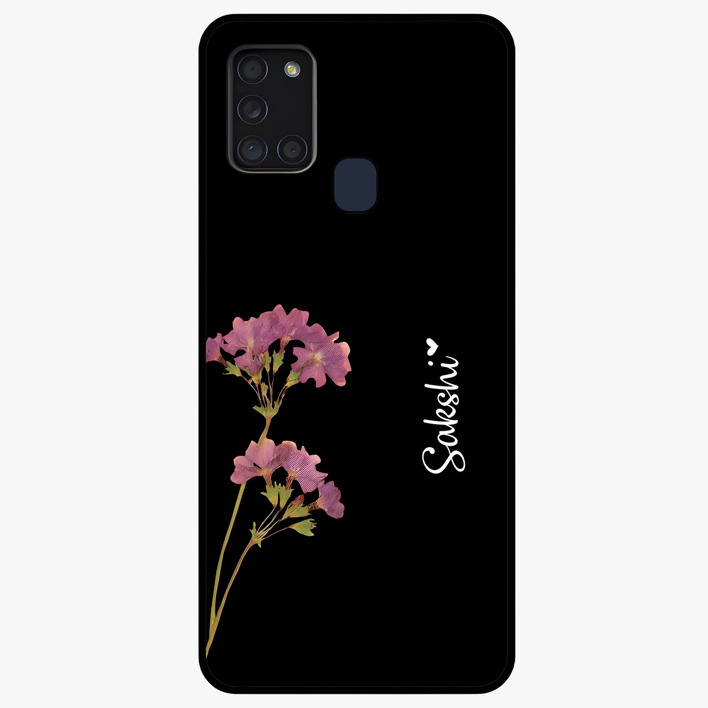 Riching Lavender Flower Custom Name Glass Case showing flat back view with lavender floral artwork and personalized name design.