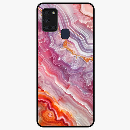Rose Quartz Marble Glass Case showing flat back view with pink marble quartz texture artwork and glossy glass finish.