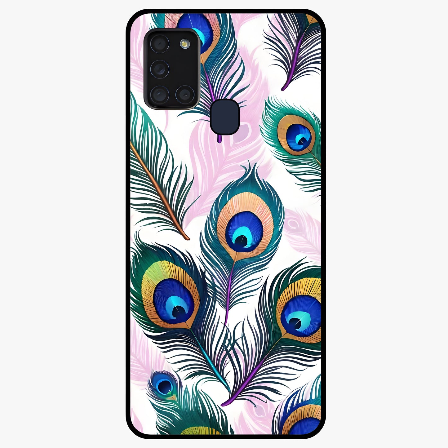 Royal Peacock Feathers Glass Case showing flat back view with colorful peacock feather artwork and glossy glass finish.