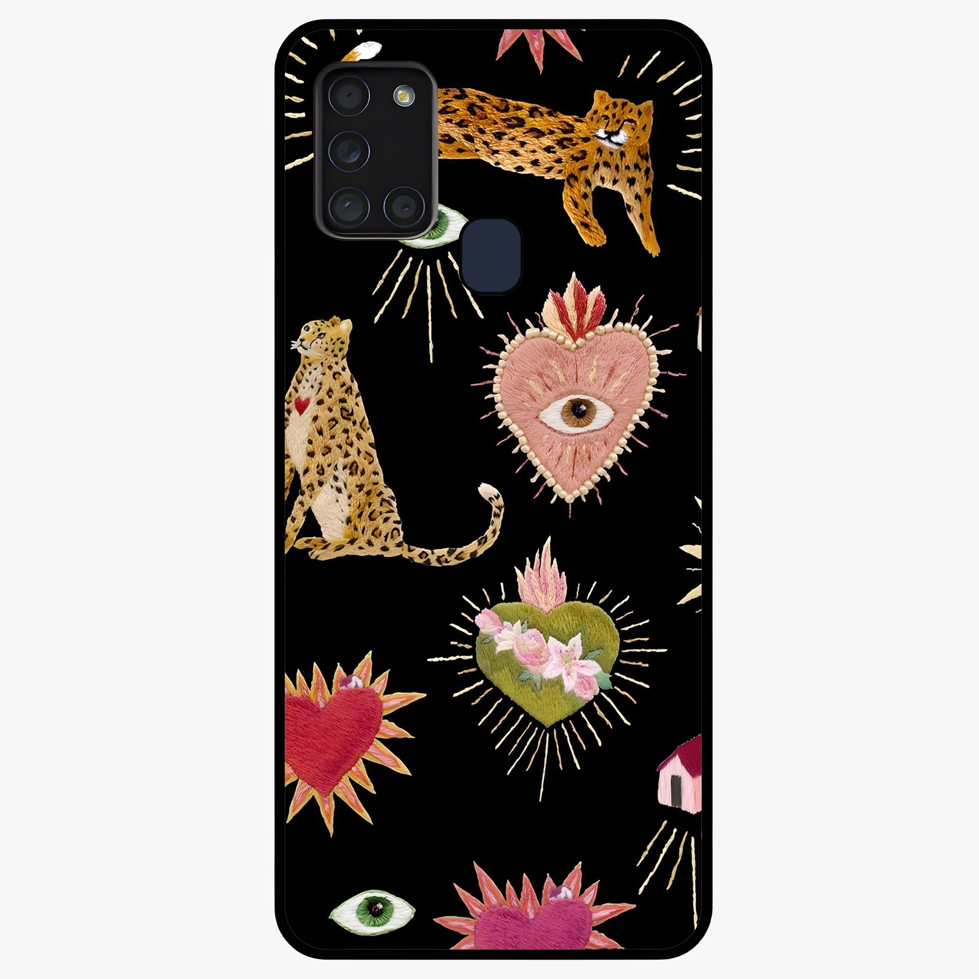 Sacred Jungle Heart Glass Case showing flat back view with jungle inspired heart artwork and glossy glass finish.