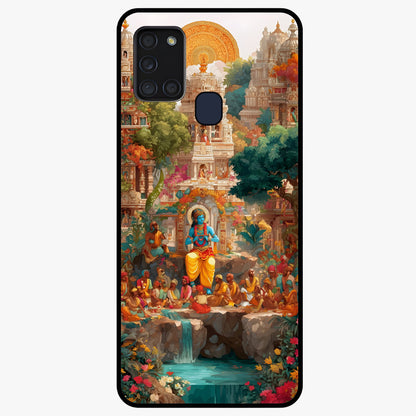 Sacred Sunlight Gods Glass Case showing flat back view with divine sunlight themed artwork and glossy glass finish.