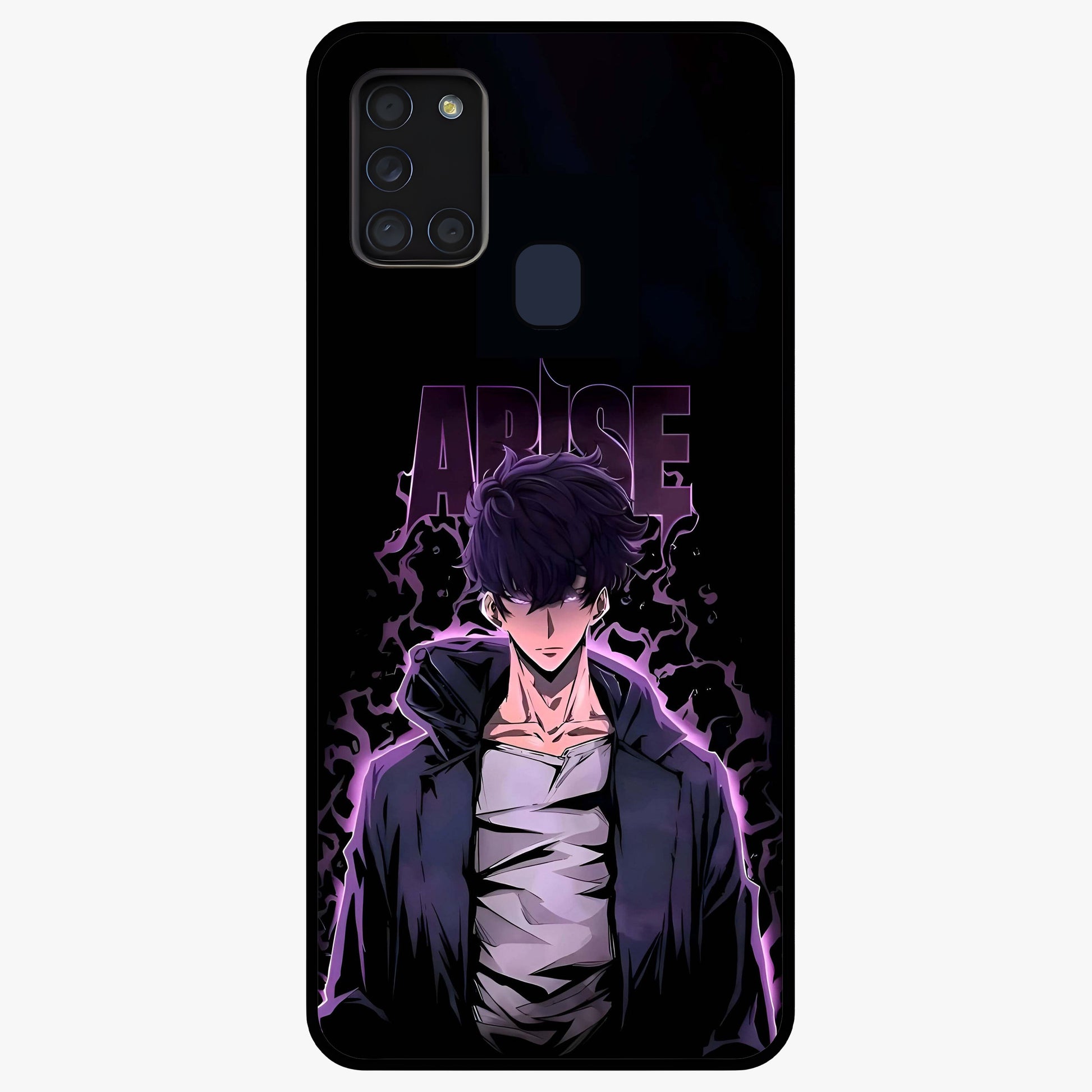 Shadow Monarch Awakening Glass Case showing flat back view with powerful dark monarch themed artwork and glossy glass finish.