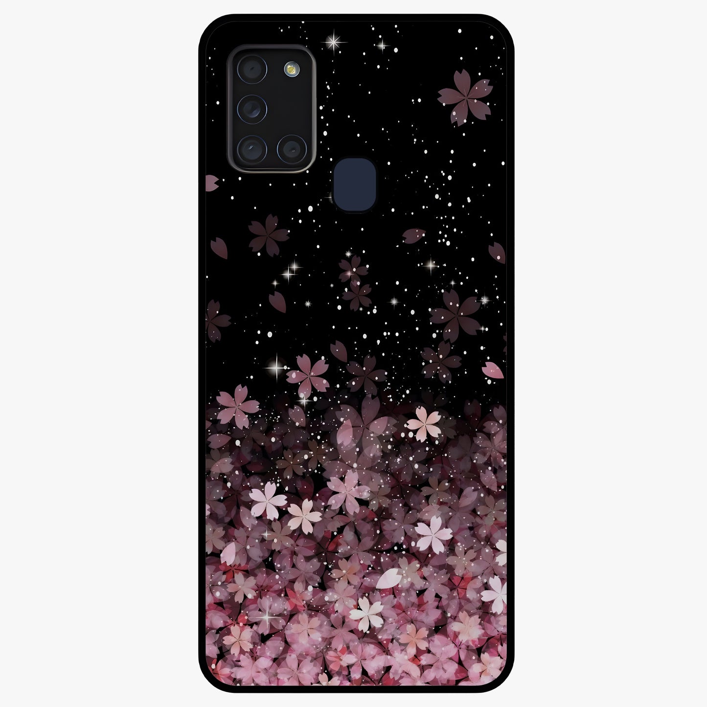 Small Starry Flowers Glass Case showing flat back view with delicate starry floral artwork and glossy glass finish.