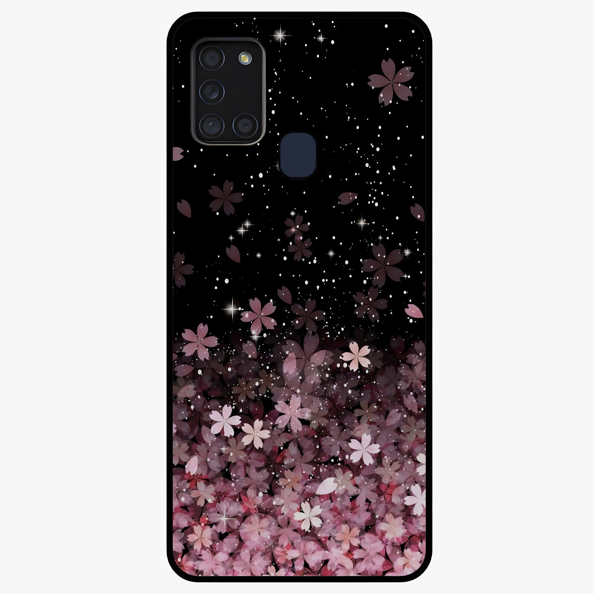 Small Starry Flowers Glass Case showing flat back view with delicate starry floral artwork and glossy glass finish.