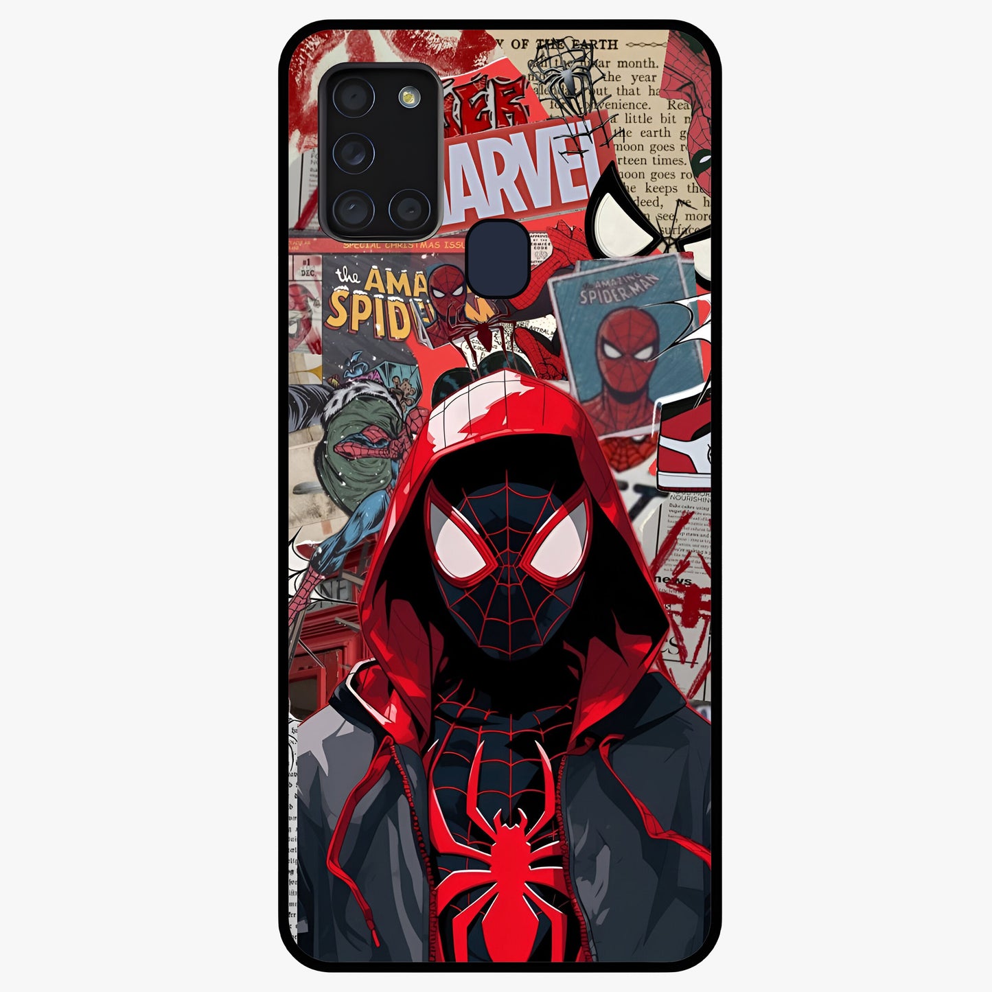 Spider Collage Street Glass Case showing flat back view with vibrant superhero collage artwork and glossy glass finish.