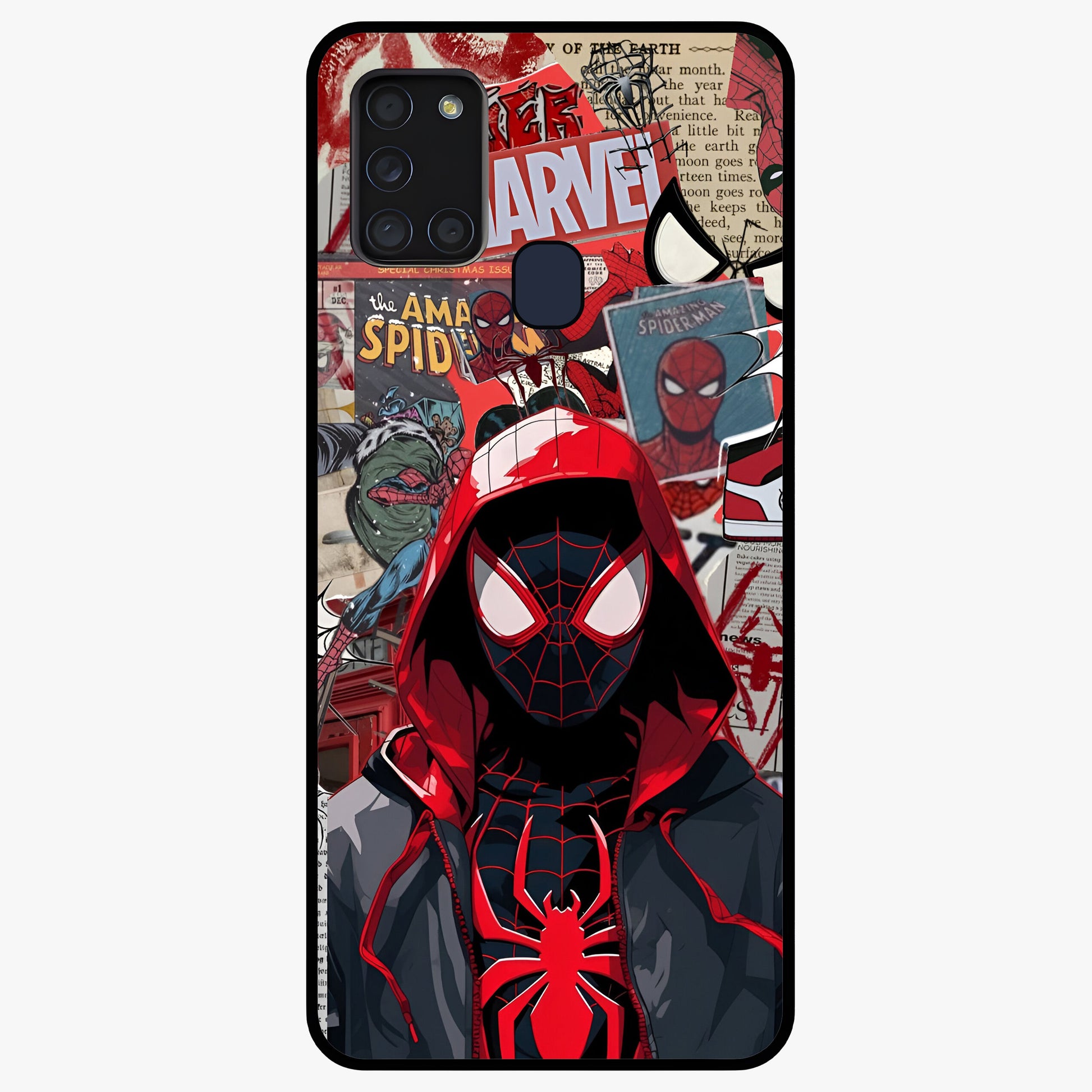 Spider Collage Street Glass Case showing flat back view with vibrant superhero collage artwork and glossy glass finish.