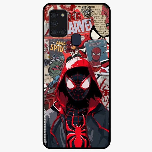 Spider Collage Street Glass Case showing flat back view with vibrant superhero collage artwork and glossy glass finish.