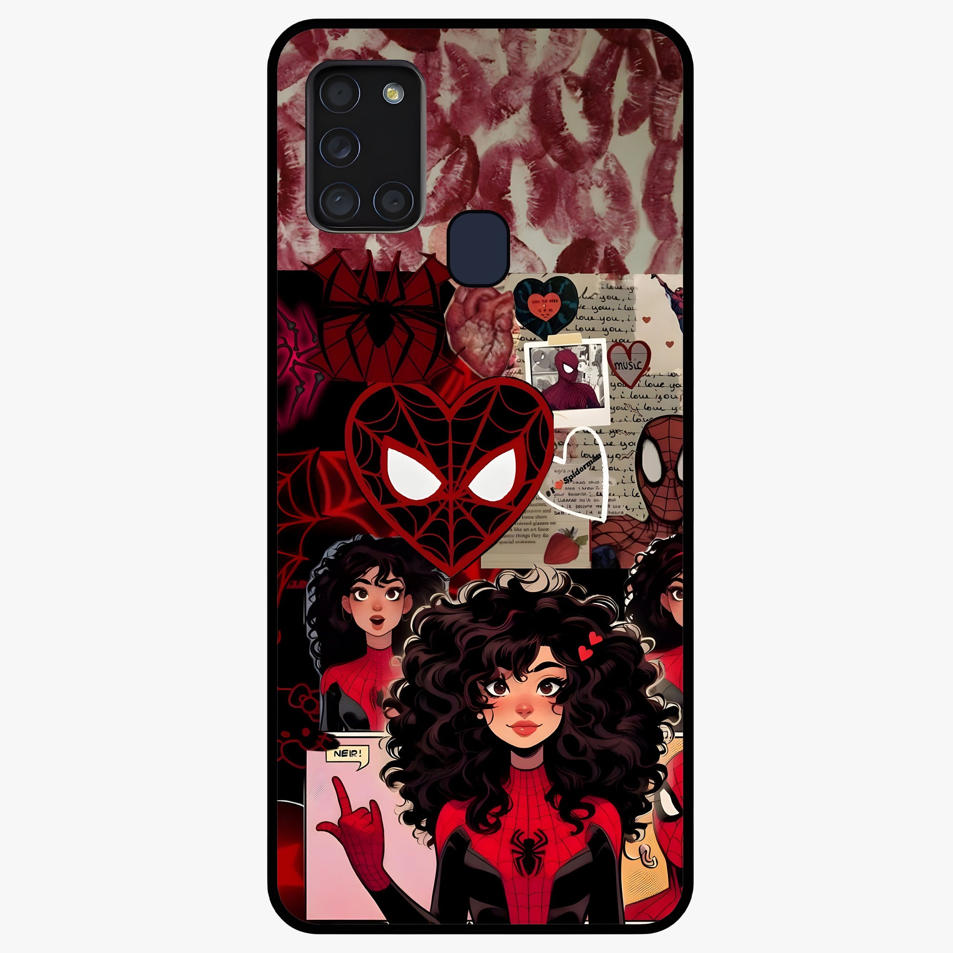 Spider Love Story Glass Case showing flat back view with romantic superhero themed artwork and glossy glass finish.