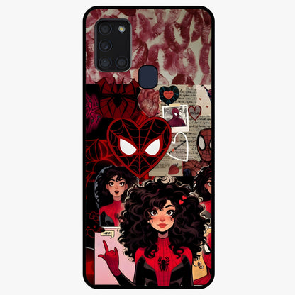 Spider Love Story Glass Case showing flat back view with romantic superhero themed artwork and glossy glass finish.