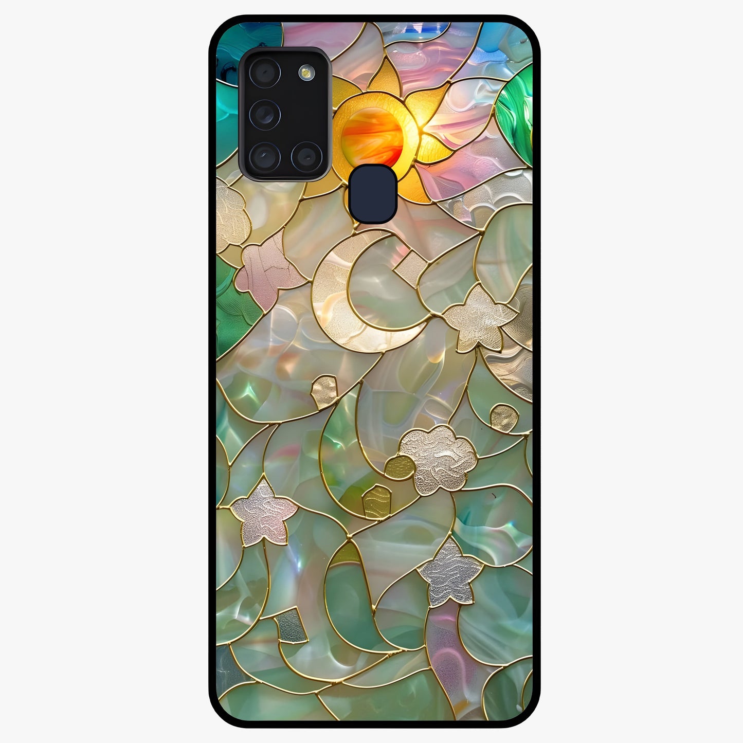 Stained Sunrise Glow Glass Case showing flat back view with glowing sunrise stained pattern artwork and glossy glass finish.