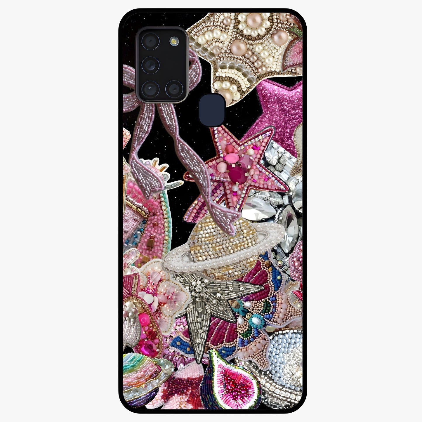 Starlit Jewel Dream Glass Case showing flat back view with sparkling jewel and star themed artwork and glossy glass finish.