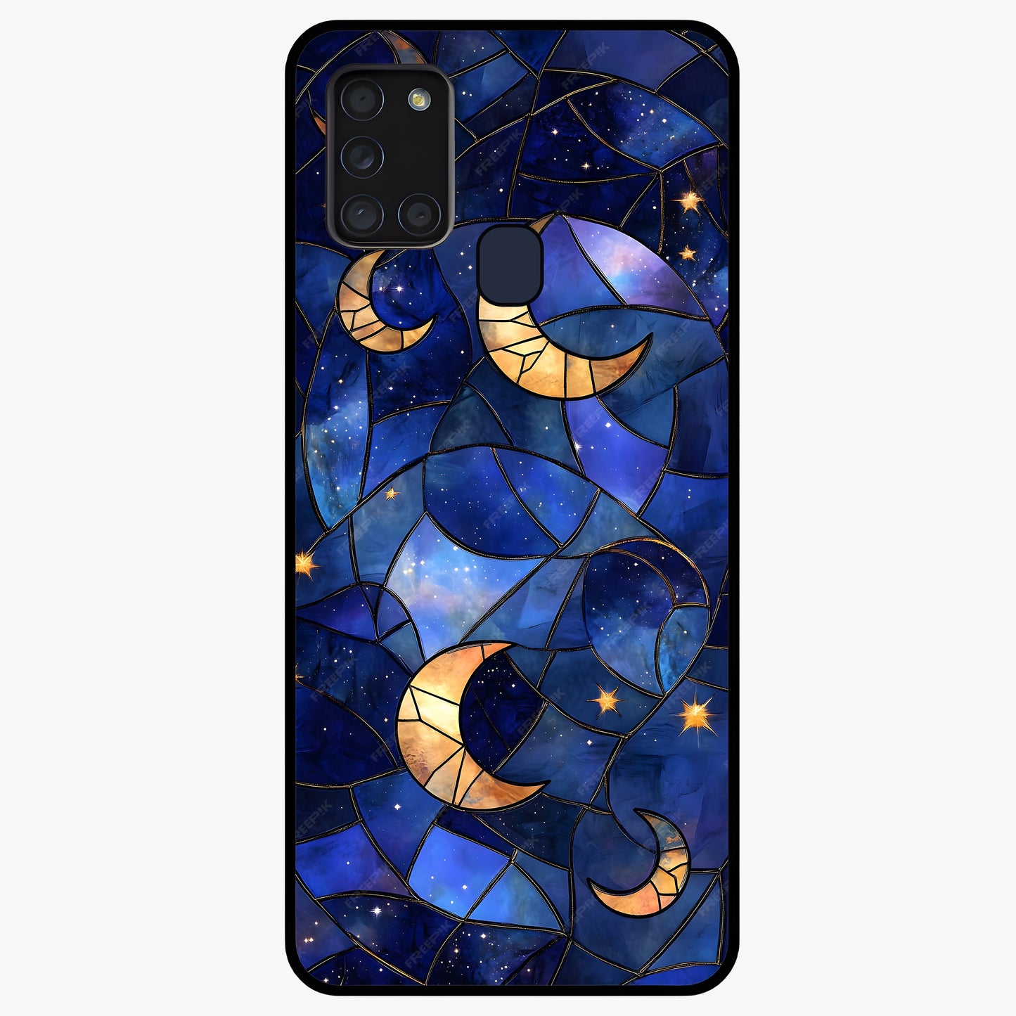 Starlit Sky Tapestry Glass Case showing flat back view with decorative starry sky tapestry artwork and glossy glass finish.