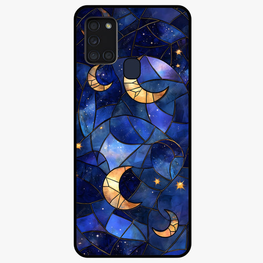 Starlit Sky Tapestry Glass Case showing flat back view with decorative starry sky tapestry artwork and glossy glass finish.