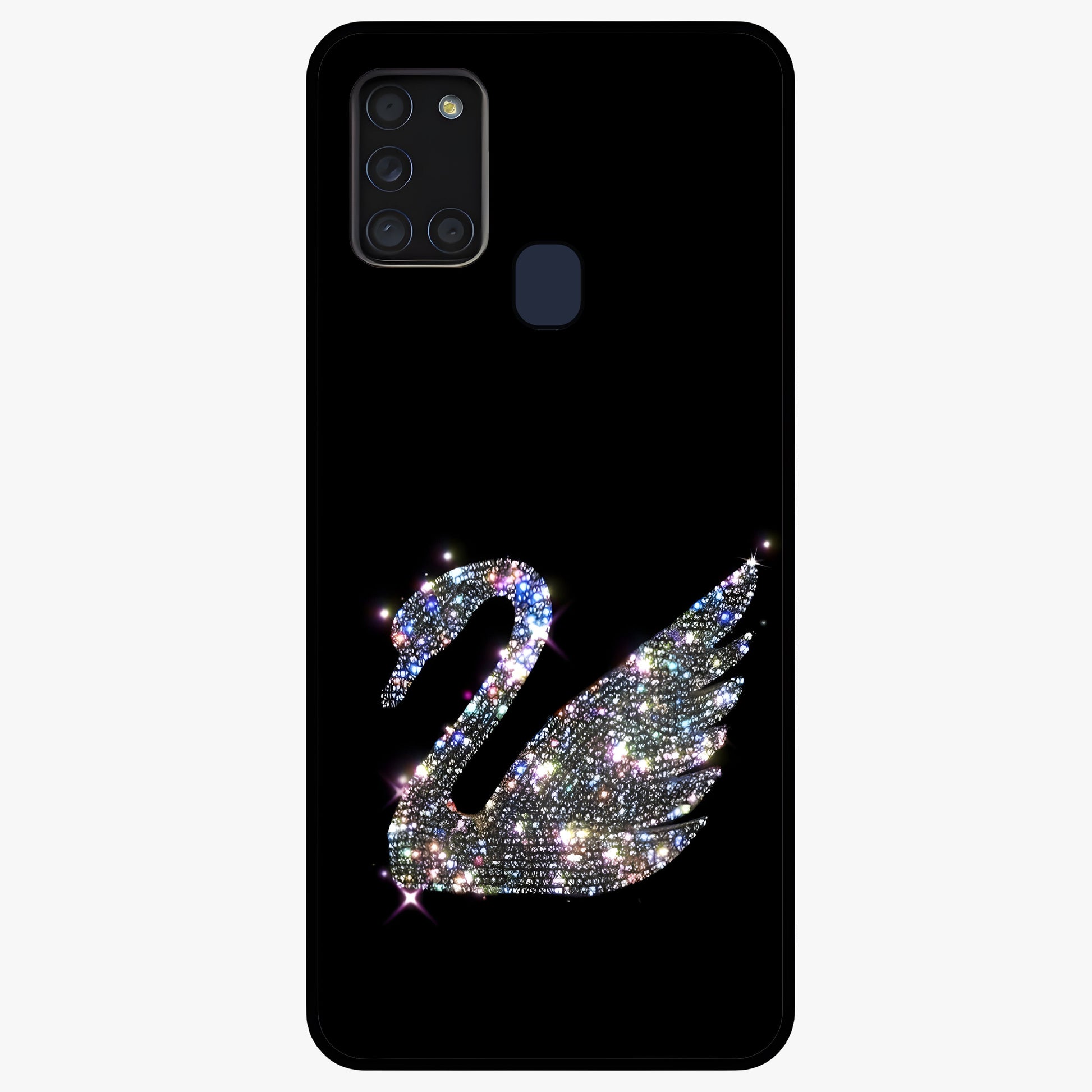 Starlit Swan Grace Glass Case showing flat back view with graceful swan artwork under starry sky and glossy glass finish.