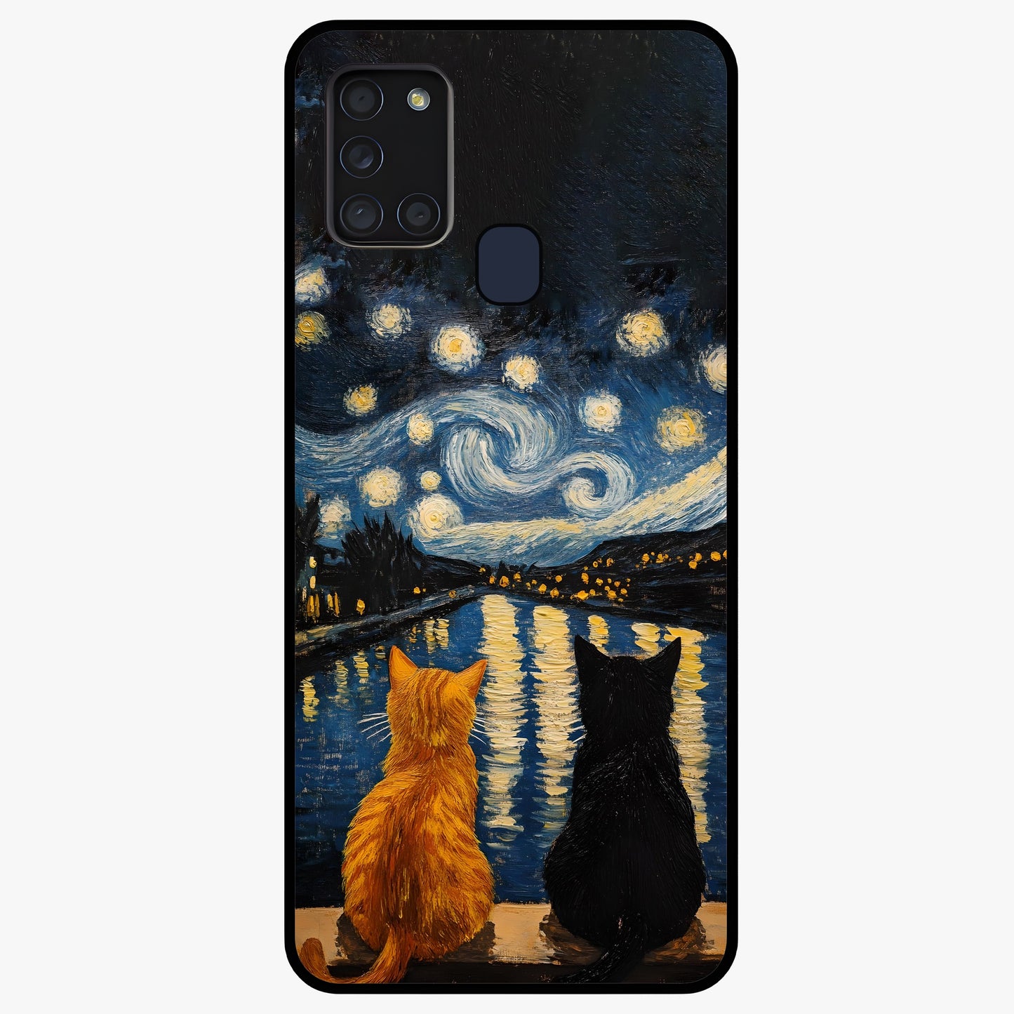 Starry River Cats Glass Case showing flat back view with cats by a starry river artwork and glossy glass finish.
