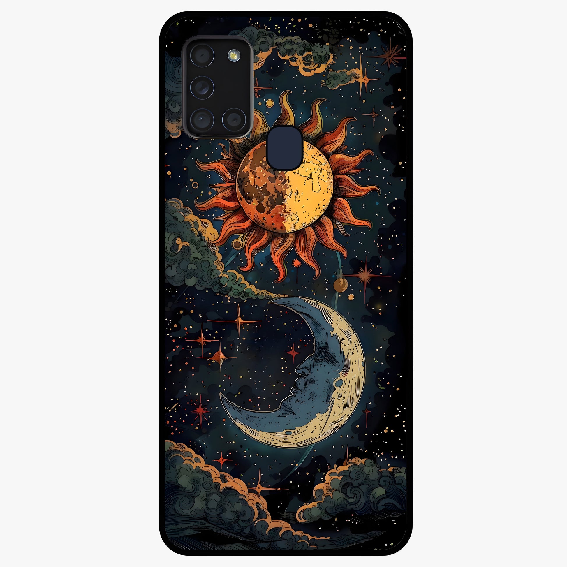 Sun And Moon Magic Design Glass Case showing flat back view with mystical sun and moon artwork and glossy glass finish.