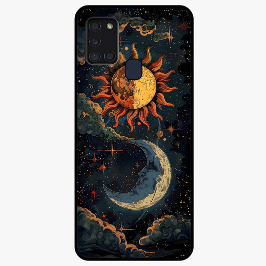 Sun And Moon Magic Design Glass Case showing flat back view with mystical sun and moon artwork and glossy glass finish.