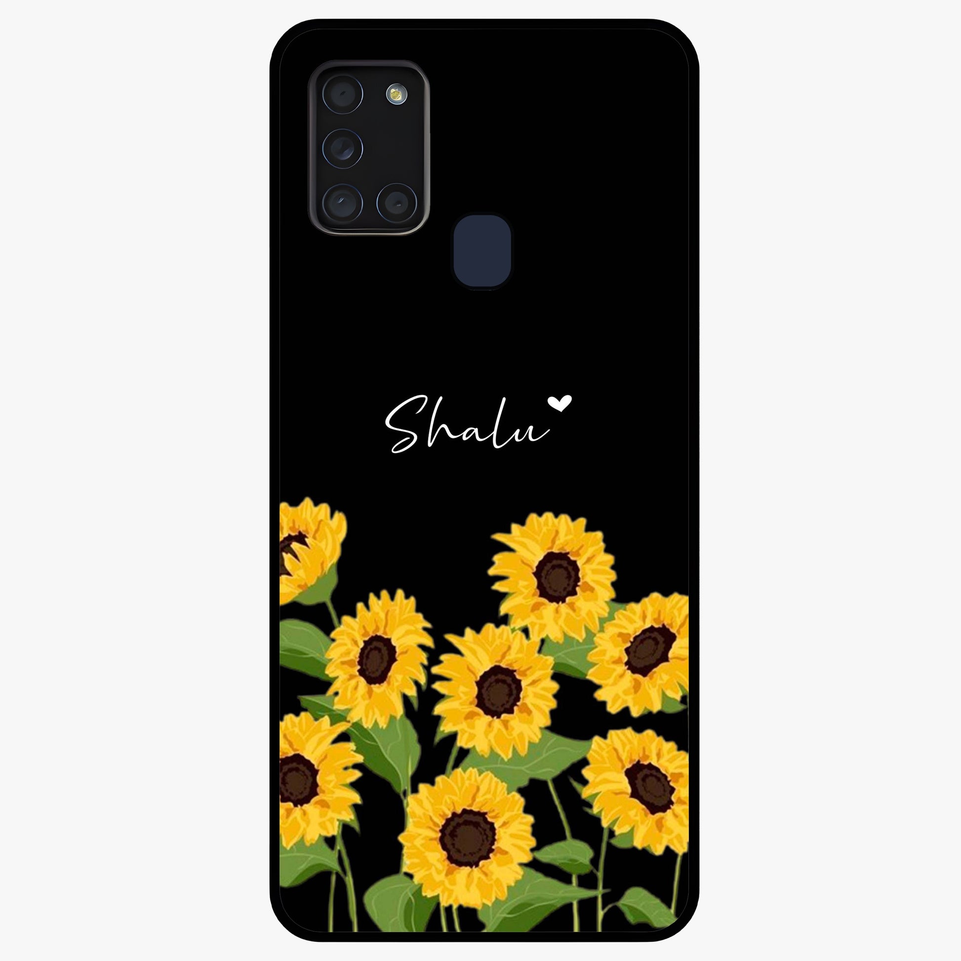 Sunflower Chic Mood Custom Name Glass Case showing flat back view with stylish sunflower artwork and personalized name design.