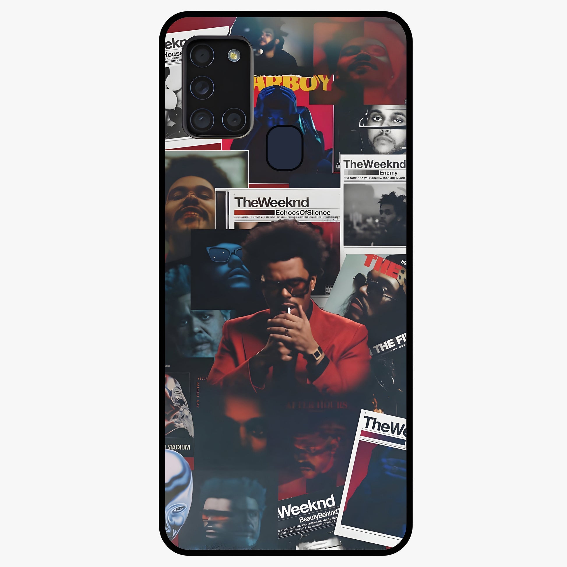 The Weeknd Glass Case showing flat back view with music inspired artistic portrait artwork and glossy glass finish.