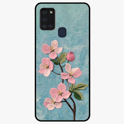 Threaded Blossom Breeze Glass Case showing flat back view with delicate blossom artwork and glossy glass finish.