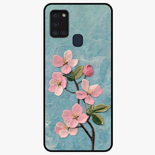 Threaded Blossom Breeze Glass Case showing flat back view with delicate blossom artwork and glossy glass finish.