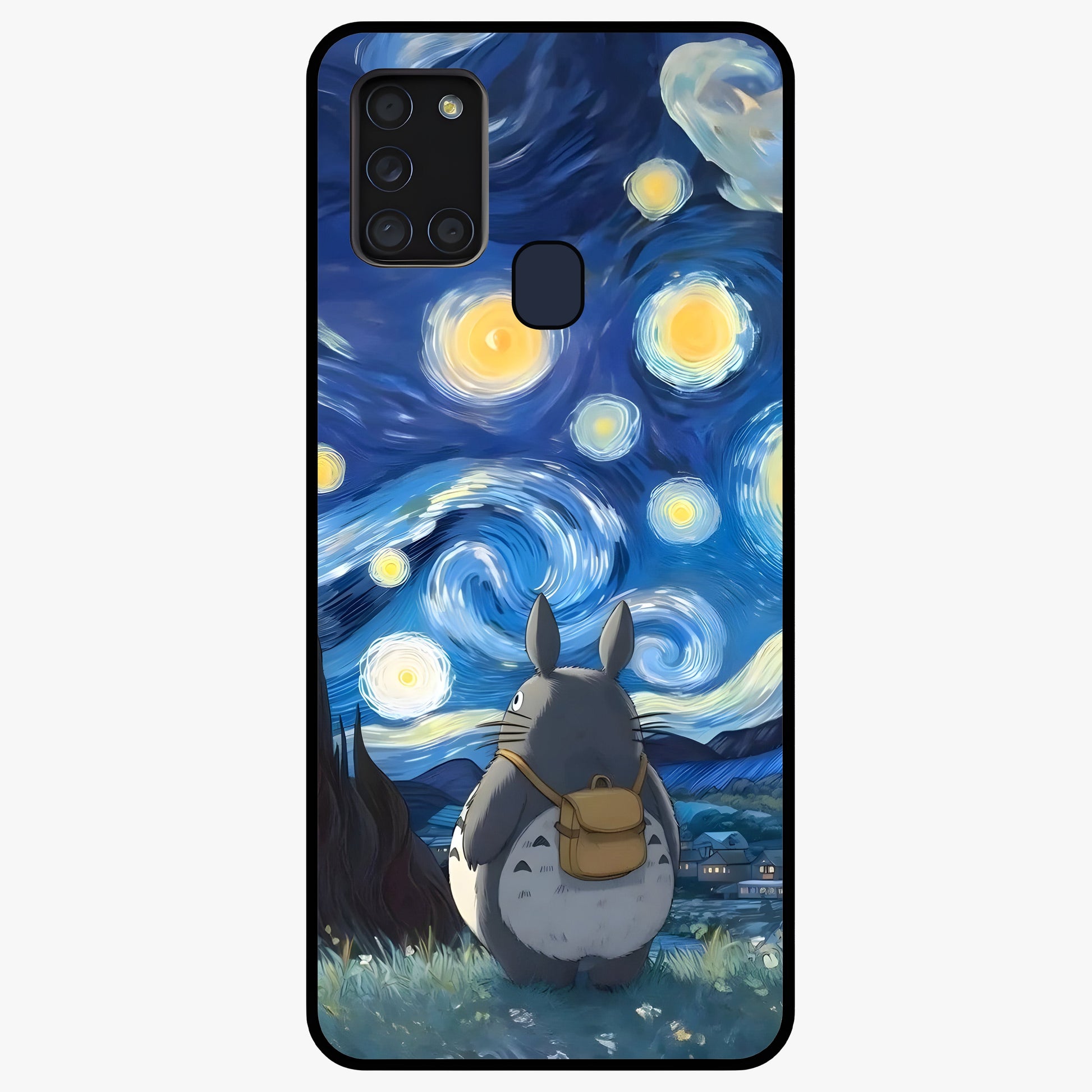 Totoro In Van Gogh Art Glass Case showing flat back view with whimsical character artwork inspired by Van Gogh style and glossy glass finish.