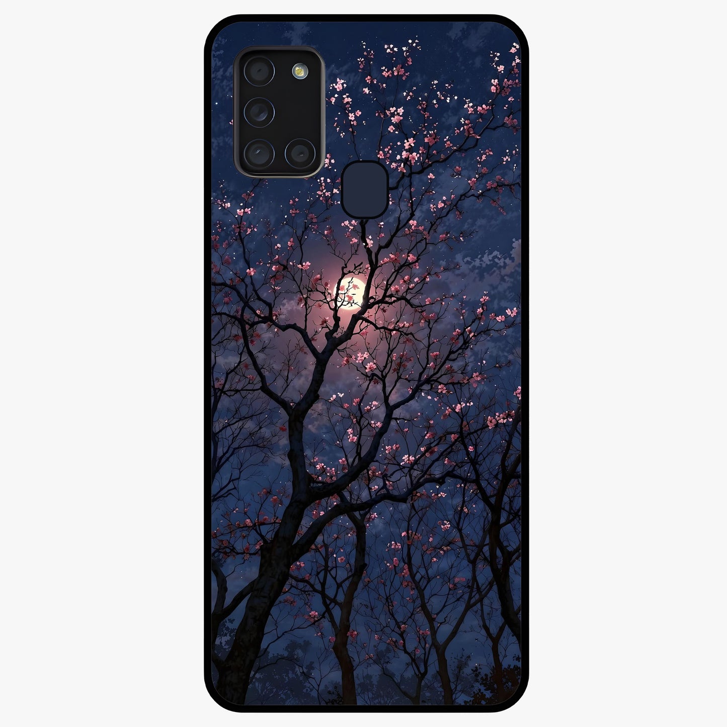Twilight Sakura Serenade Glass Case showing flat back view with cherry blossom artwork at twilight and glossy glass finish.