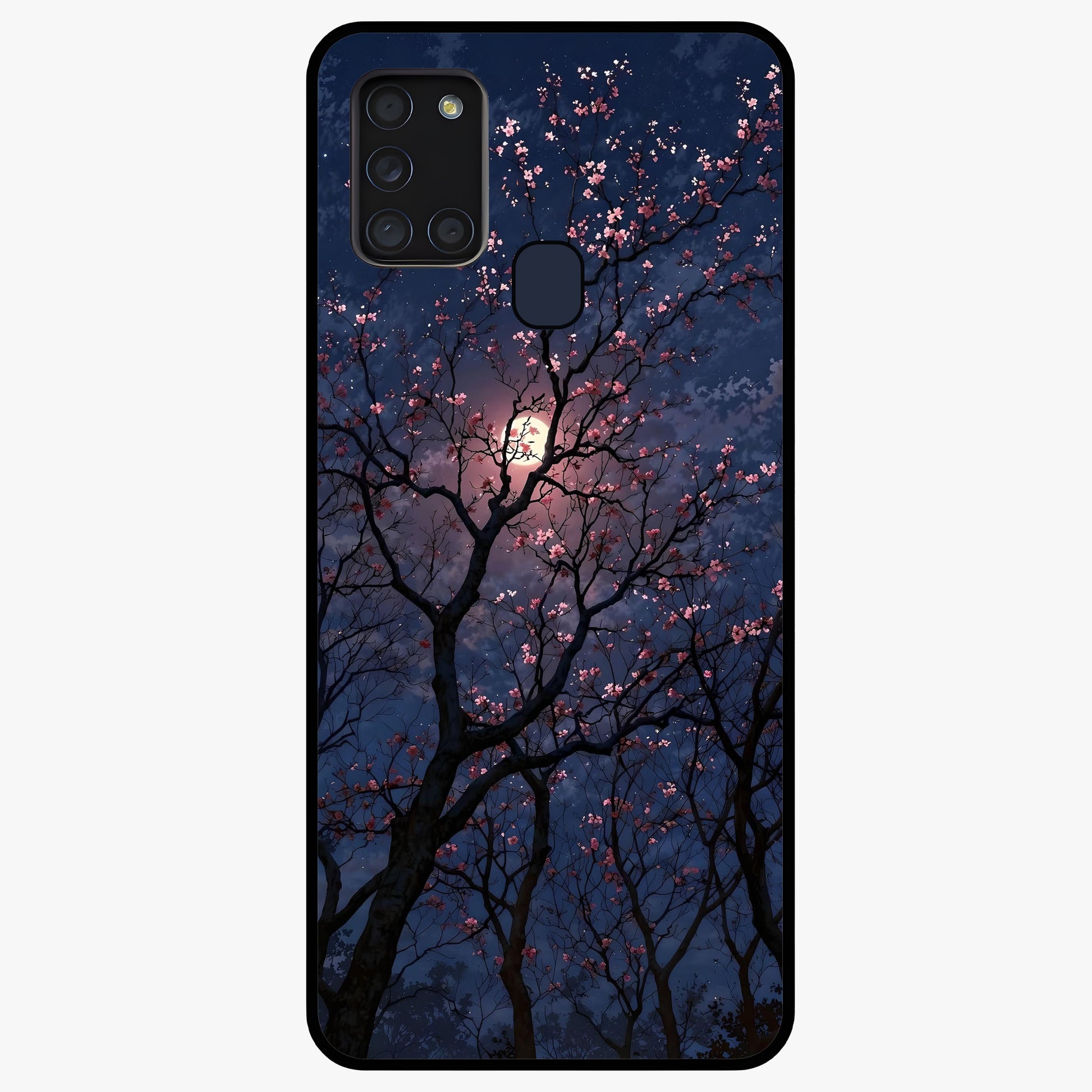 Twilight Sakura Serenade Glass Case showing flat back view with cherry blossom artwork at twilight and glossy glass finish.