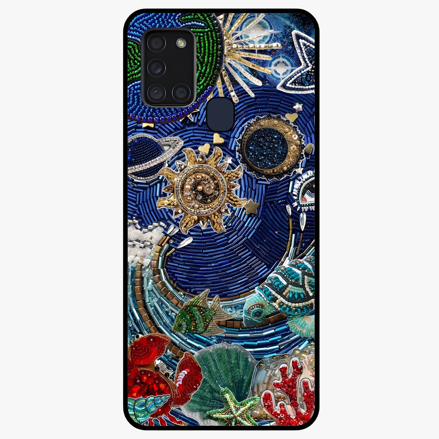 Universe Underwater Spark Glass Case showing flat back view with cosmic underwater themed artwork and glossy glass finish.