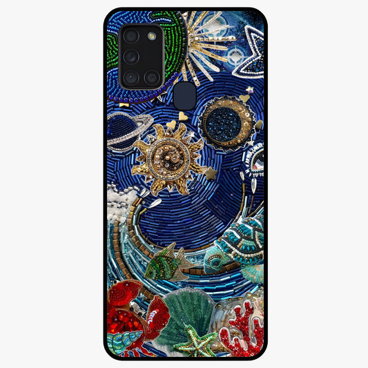 Universe Underwater Spark Glass Case showing flat back view with cosmic underwater themed artwork and glossy glass finish.