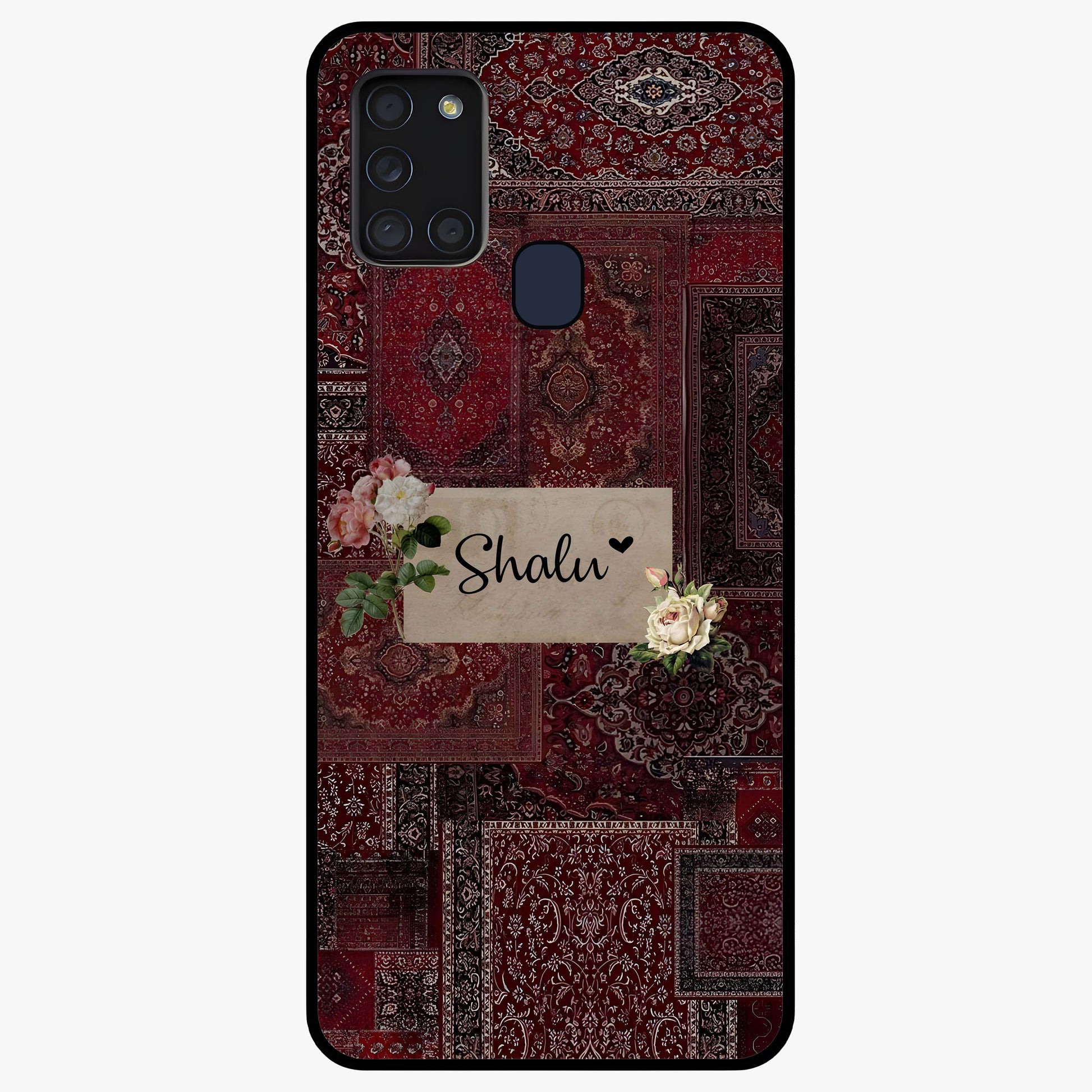 Velvet Wine Pattern Custom Name Glass Case showing flat back view with elegant wine colored pattern artwork and personalized name design.