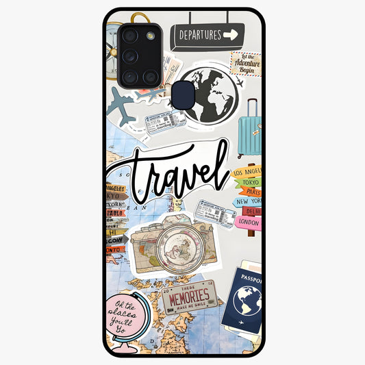 Wanderlust Journal Glass Case showing flat back view with travel inspired artwork and glossy glass finish.