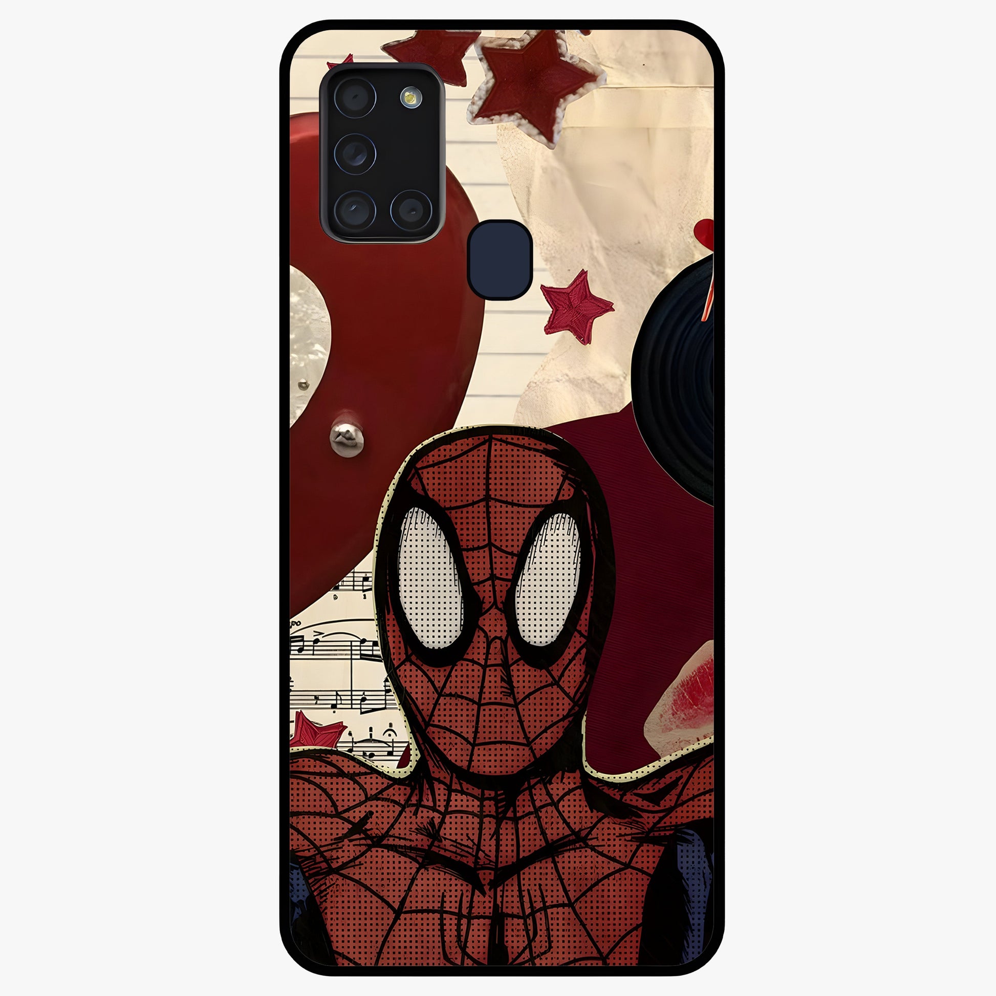 Web Warrior Vibes Glass Case showing flat back view with superhero inspired web themed artwork and glossy glass finish.