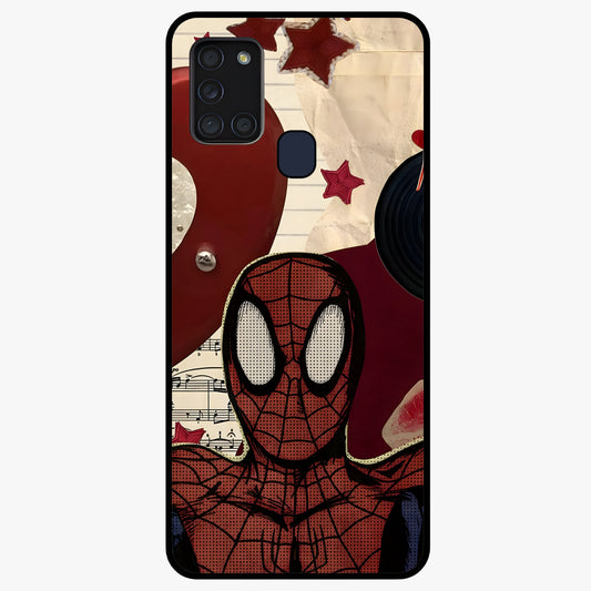 Web Warrior Vibes Glass Case showing flat back view with superhero inspired web themed artwork and glossy glass finish.