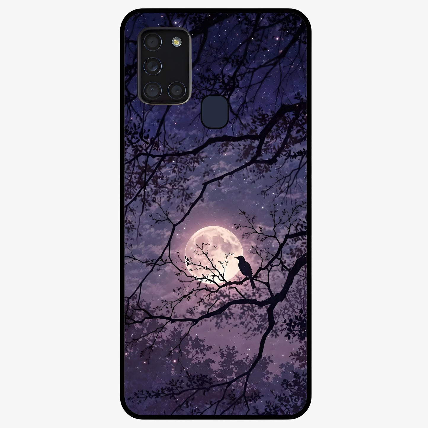 Whispering Moon Silence Glass Case showing flat back view with serene moon themed artwork and glossy glass finish.