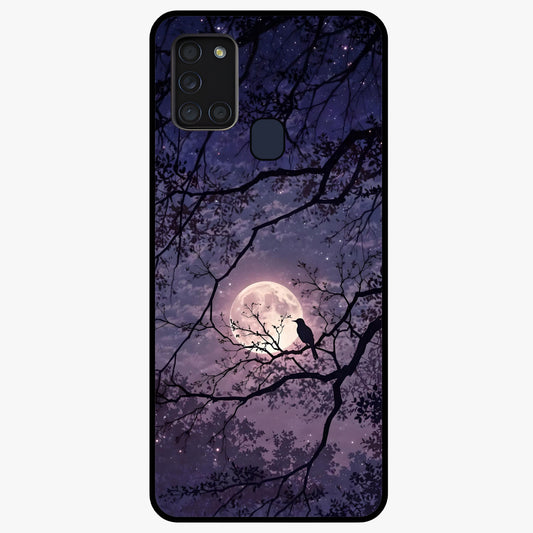 Whispering Moon Silence Glass Case showing flat back view with serene moon themed artwork and glossy glass finish.