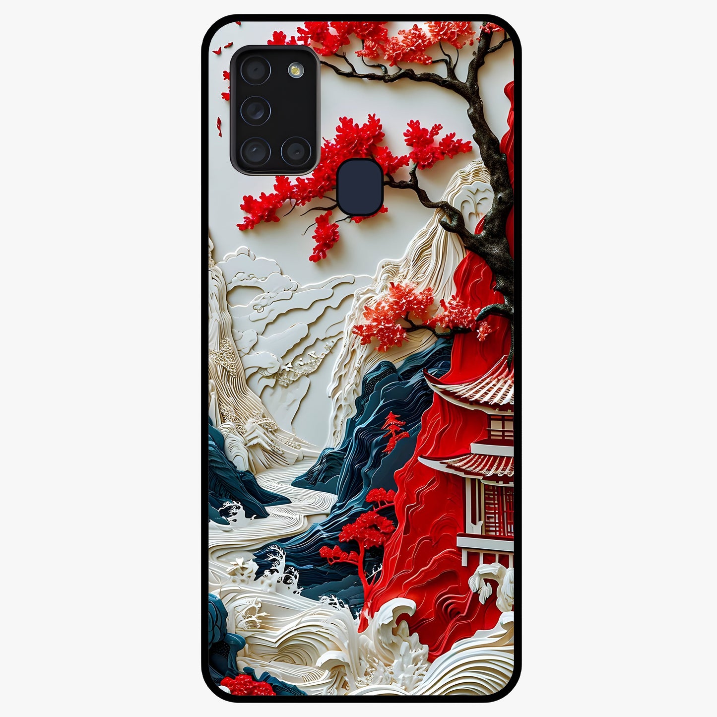 Whispers Of Sakura Waves Glass Case showing flat back view with cherry blossom wave artwork and glossy glass finish.