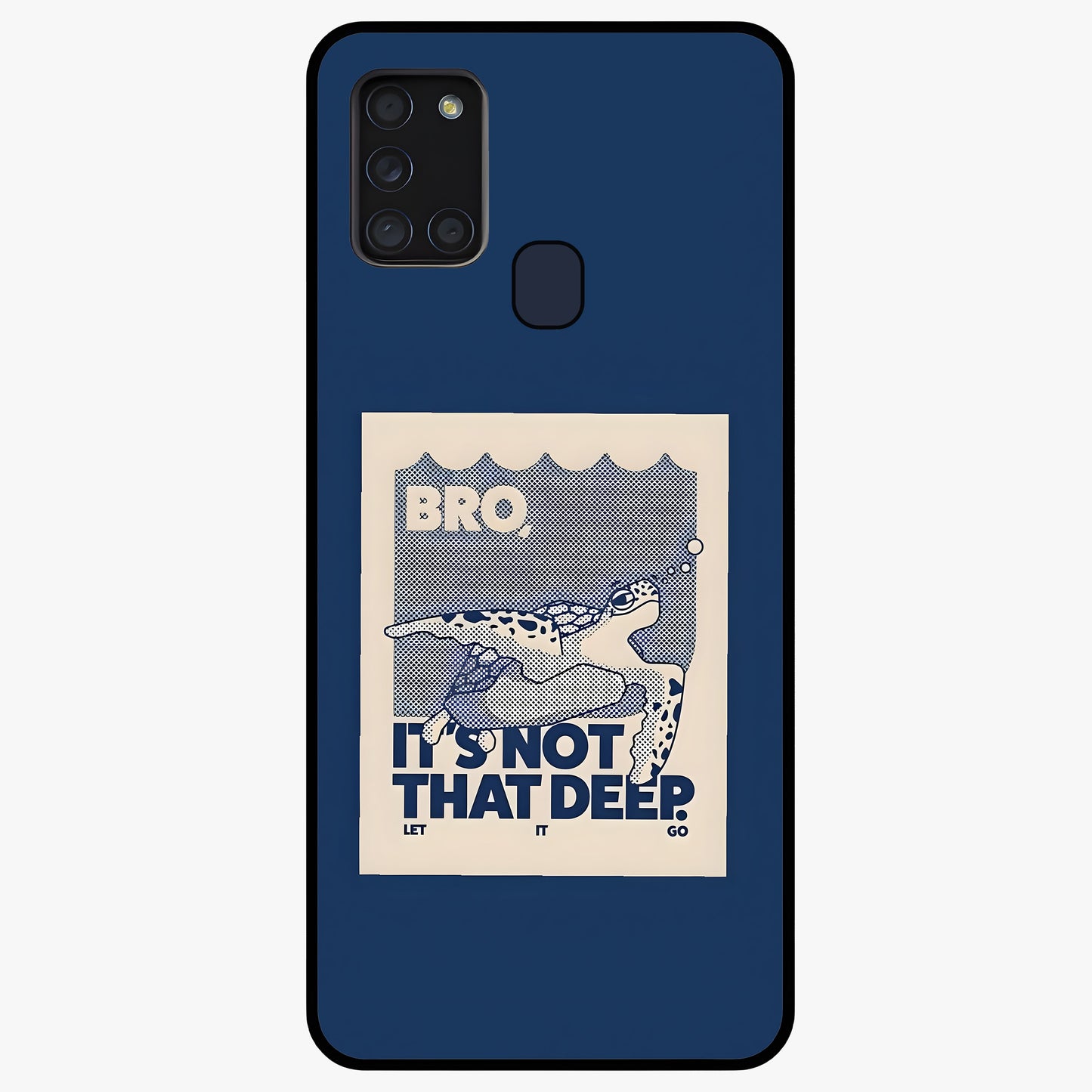 Worry Less Swim Glass Case showing flat back view with playful motivational artwork and glossy glass finish.