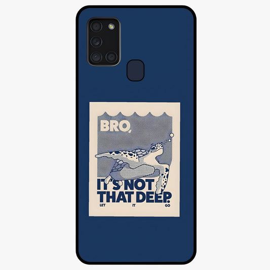Worry Less Swim Glass Case showing flat back view with playful motivational artwork and glossy glass finish.