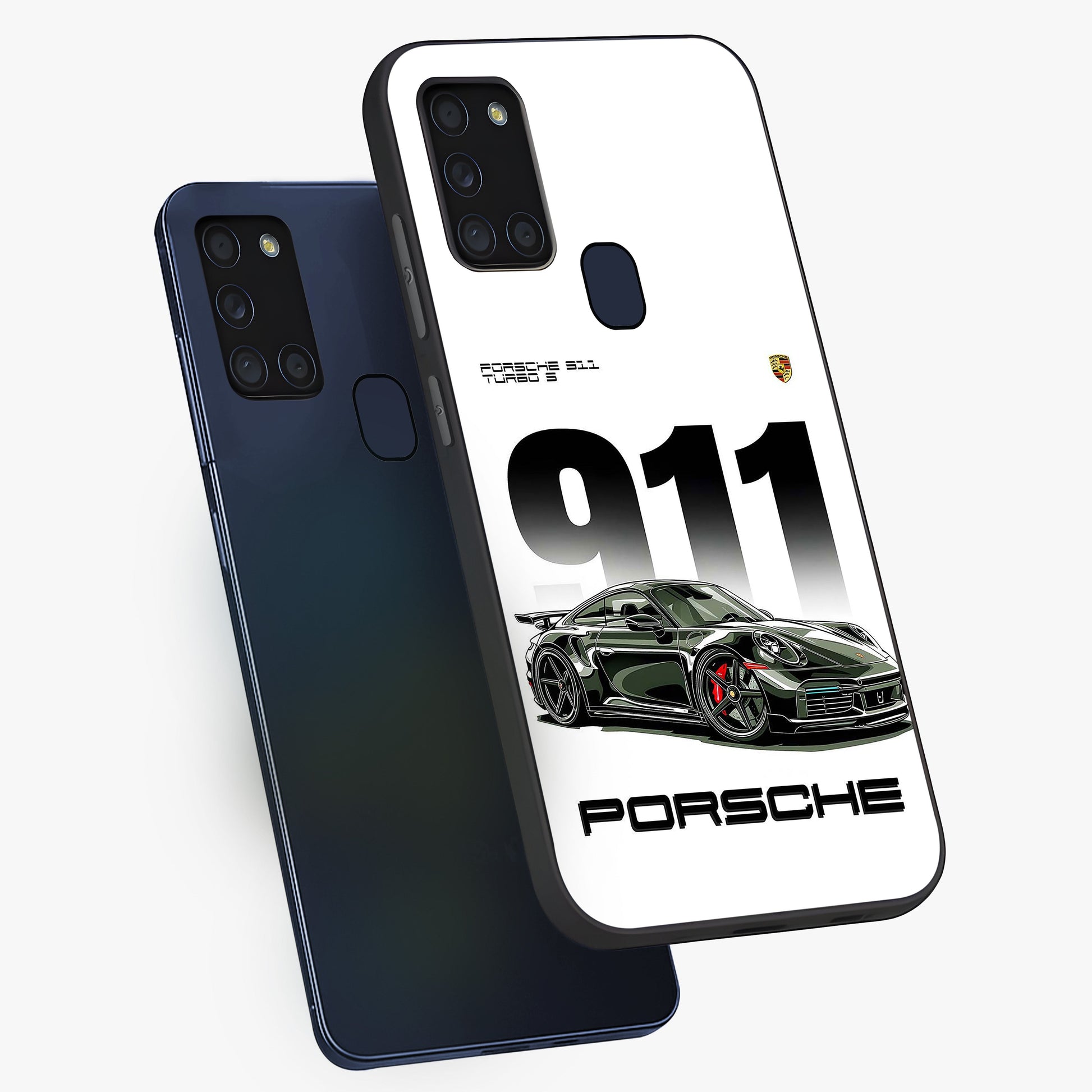 911 Turbo Dominance Glass Case displayed in premium angled mockup highlighting sporty car illustration and sleek glass surface.