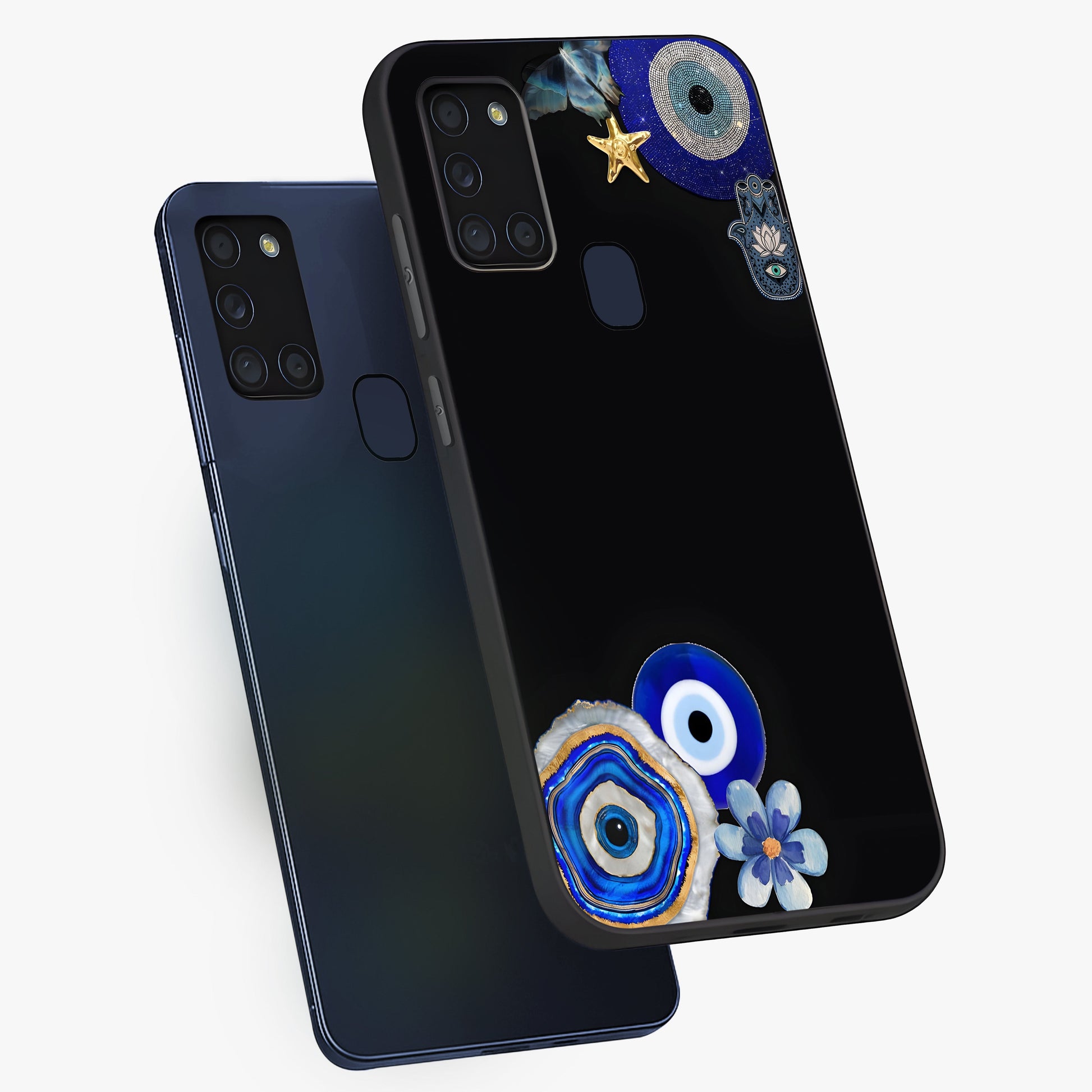 Aesthetic Blue Evil Eye Glass Case displayed in angled mockup highlighting blue evil eye symbol and spiritual aesthetic design.