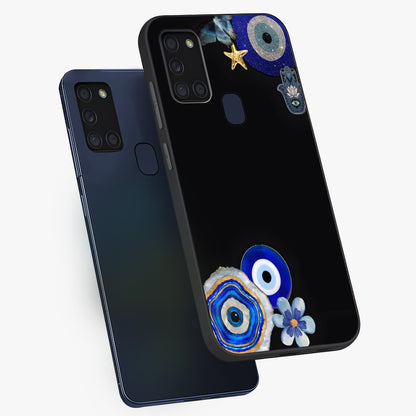 Aesthetic Blue Evil Eye Glass Case displayed in angled mockup highlighting blue evil eye symbol and spiritual aesthetic design.