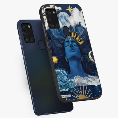 Aesthetic Lord Shiva Glass Case displayed in angled mockup highlighting spiritual Shiva illustration and sacred aesthetic design.